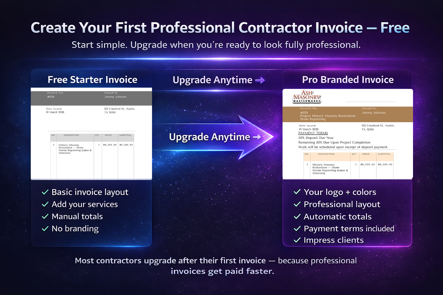 Professional Contractor Invoice Before and After Example